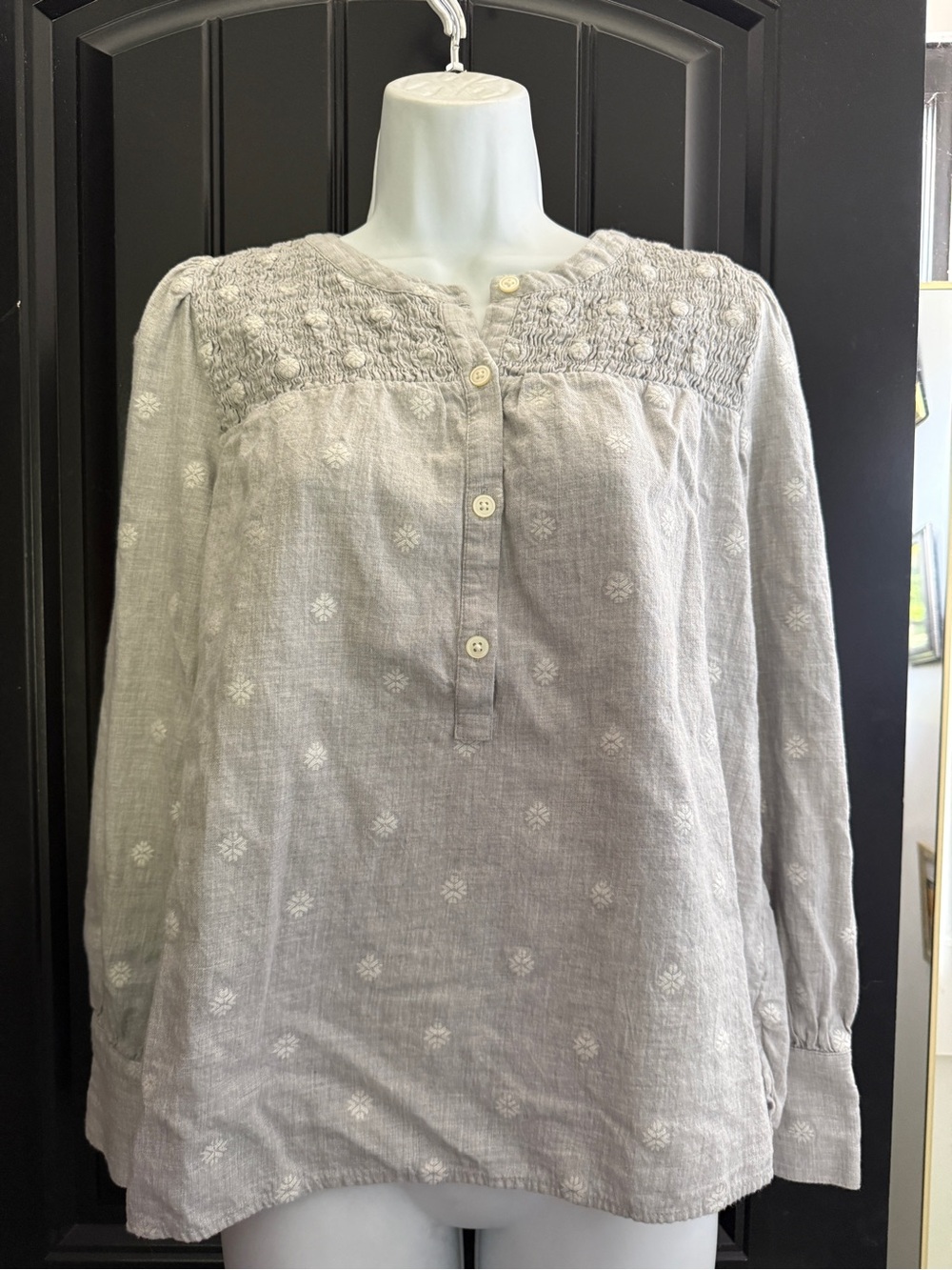 LOFT Smocked Yoke Peasant Blouse - Light Gray